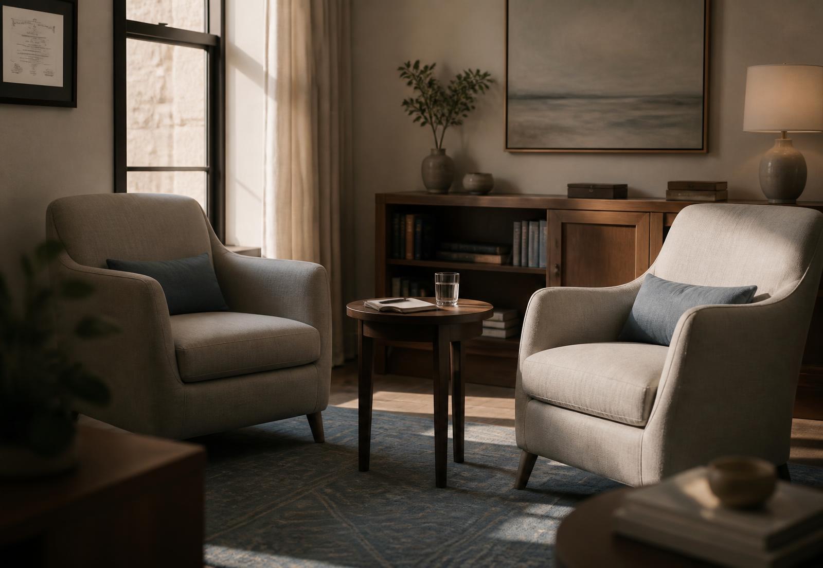 A quiet consulting room with two armchairs in warm natural light